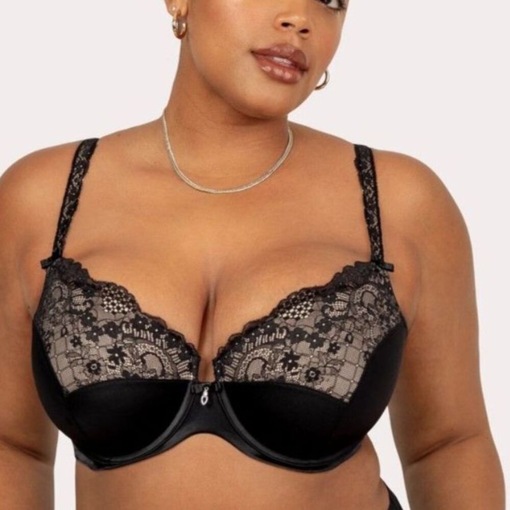 Curvy Couture Black Satin Lace Sexy Underwire Push Up Balconette Bra Size 38G